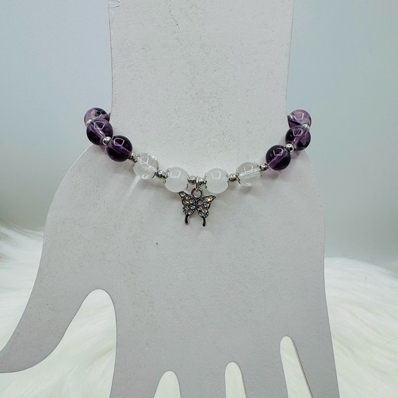 Violet Beaded w/ Sparkly Butterfly Charm Bracelet - Small wrists - Picture 2 of 6